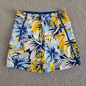 Miller Lite Swim Shorts Mens 35* Blue Adjustable Waist Cargo Pocket Floral Print